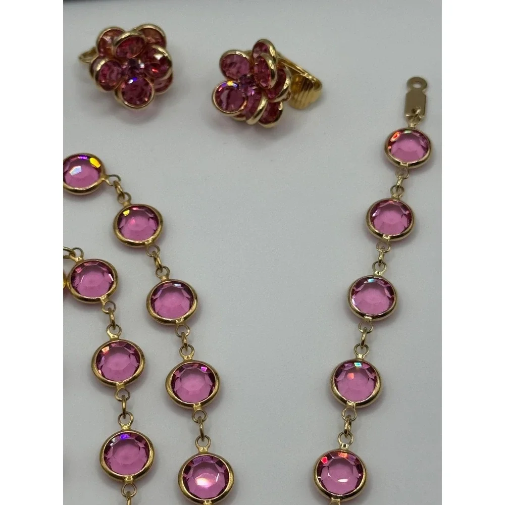 Vintage Pink Open Back Crystal‎ Necklace Clip On Earrings Bracelet Set Gold Tone